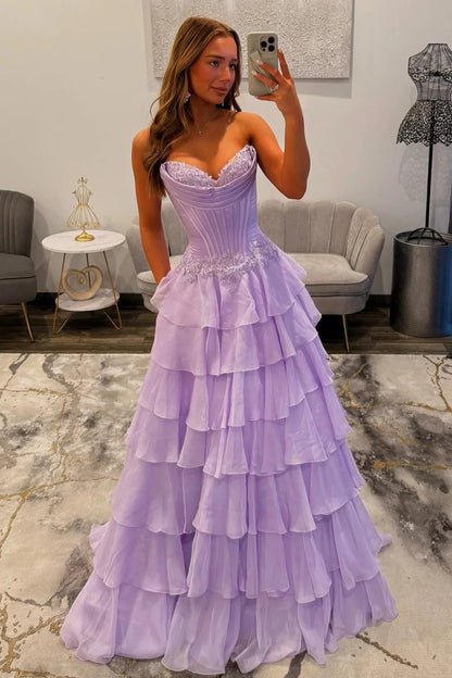 Lovely Sweetheart A-Line Corset Ruffle Prom Dress With High Slit And Appliques AD157