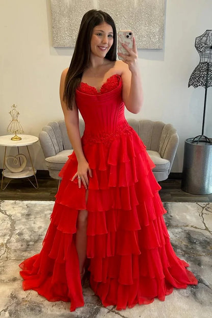 Lovely Sweetheart A-Line Corset Ruffle Prom Dress With High Slit And Appliques AD157