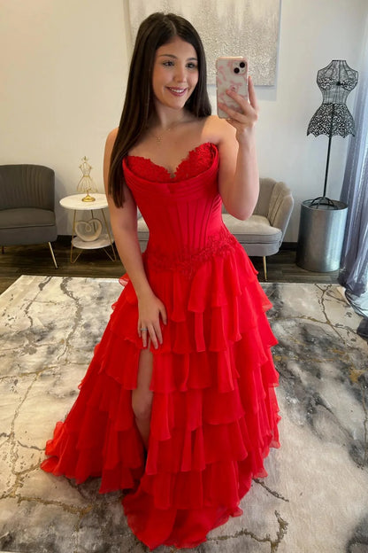Lovely Sweetheart A-Line Corset Ruffle Prom Dress With High Slit And Appliques AD157