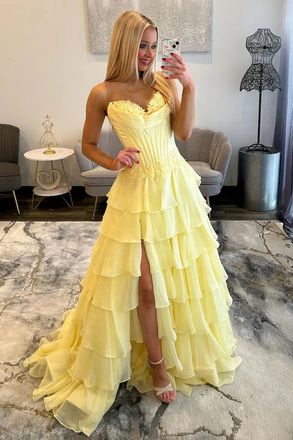 Lovely Sweetheart A-Line Corset Ruffle Prom Dress With High Slit And Appliques AD157