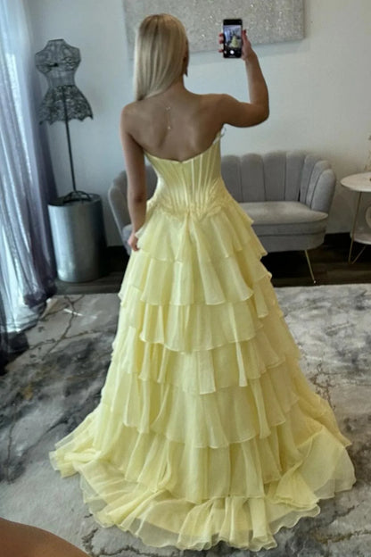 Lovely Sweetheart A-Line Corset Ruffle Prom Dress With High Slit And Appliques AD157