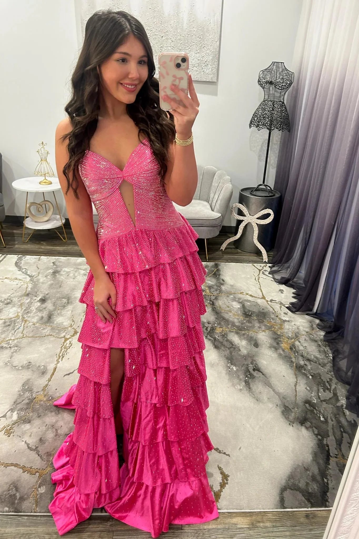 Sparkly Red Strapless Lace Up Tiered Ruffle Prom Dres With Cutout And Slit AD158