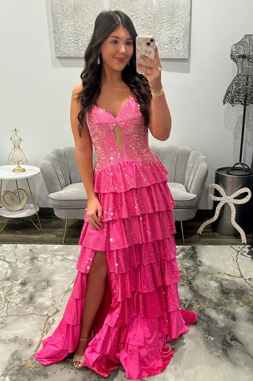 Sparkly Red Strapless Lace Up Tiered Ruffle Prom Dres With Cutout And Slit AD158