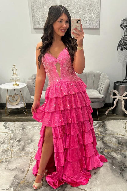 Sparkly Red Strapless Lace Up Tiered Ruffle Prom Dres With Cutout And Slit AD158