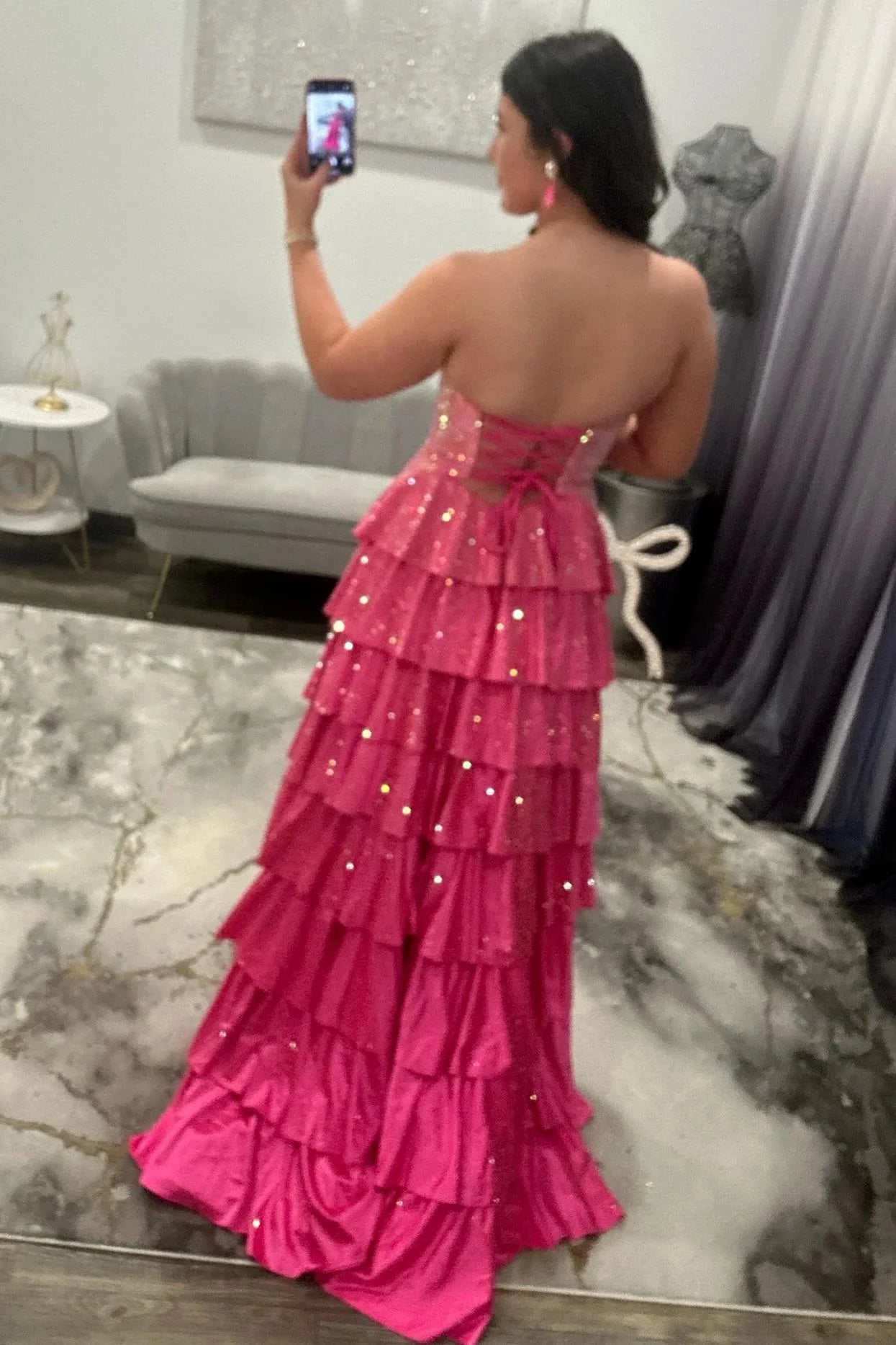 Sparkly Red Strapless Lace Up Tiered Ruffle Prom Dres With Cutout And Slit AD158