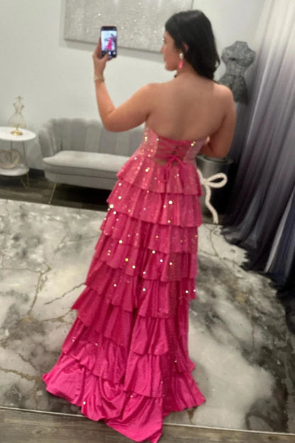Sparkly Red Strapless Lace Up Tiered Ruffle Prom Dres With Cutout And Slit AD158