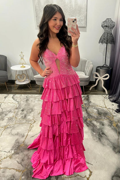 Sparkly Red Strapless Lace Up Tiered Ruffle Prom Dres With Cutout And Slit AD158