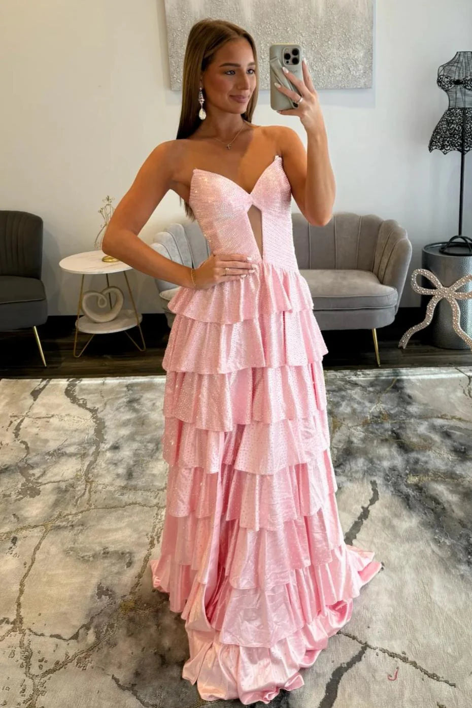 Sparkly Red Strapless Lace Up Tiered Ruffle Prom Dres With Cutout And Slit AD158