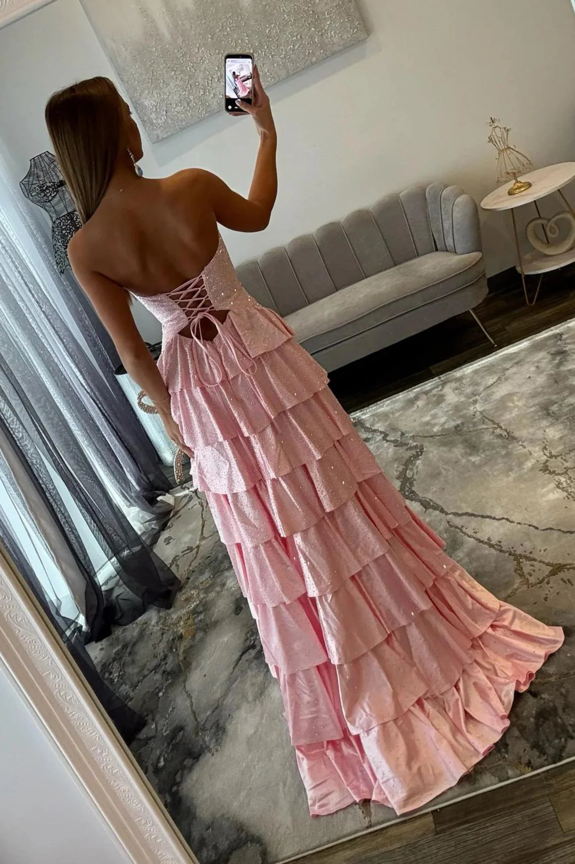 Sparkly Red Strapless Lace Up Tiered Ruffle Prom Dres With Cutout And Slit AD158