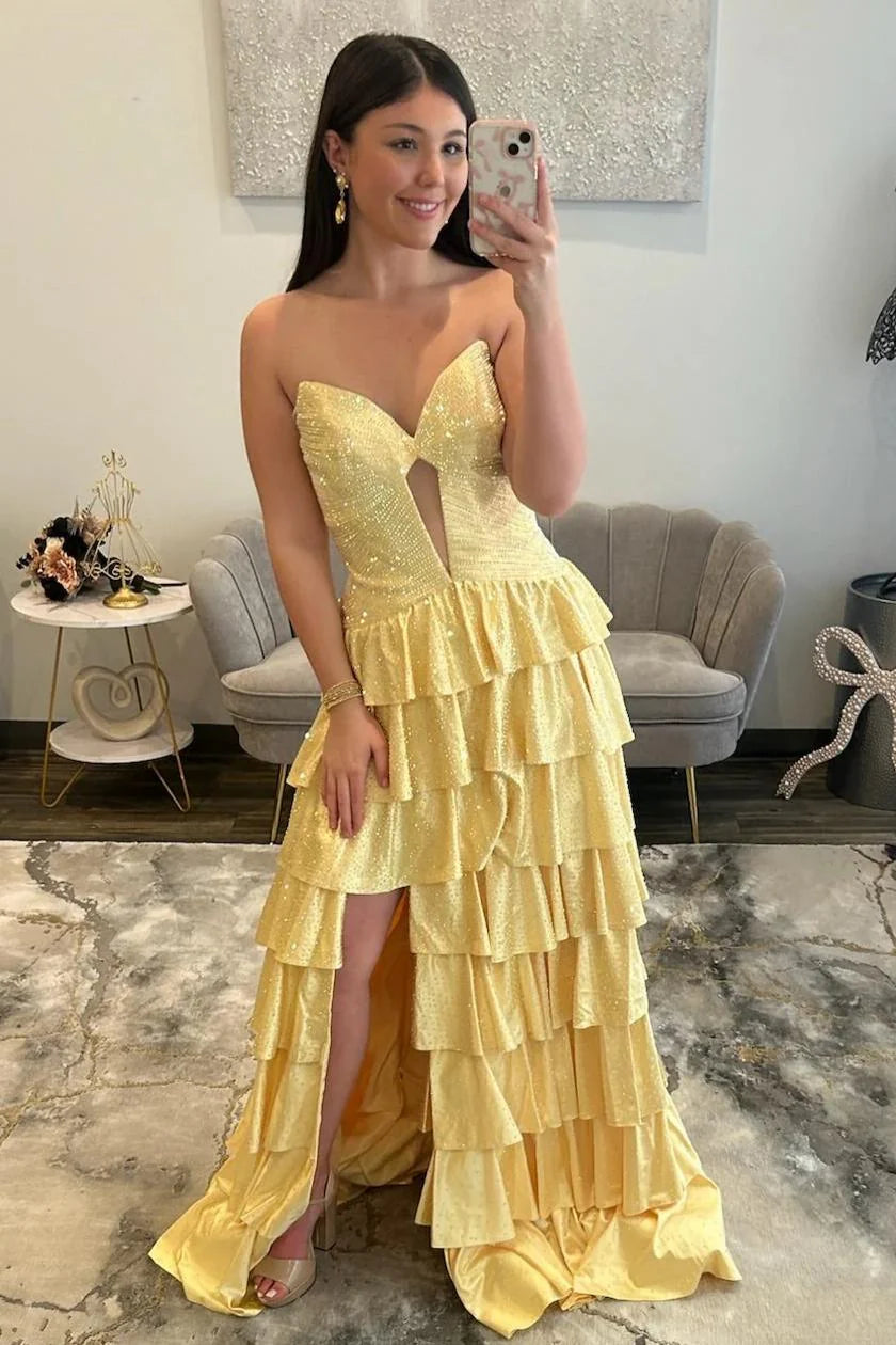 Sparkly Red Strapless Lace Up Tiered Ruffle Prom Dres With Cutout And Slit AD158