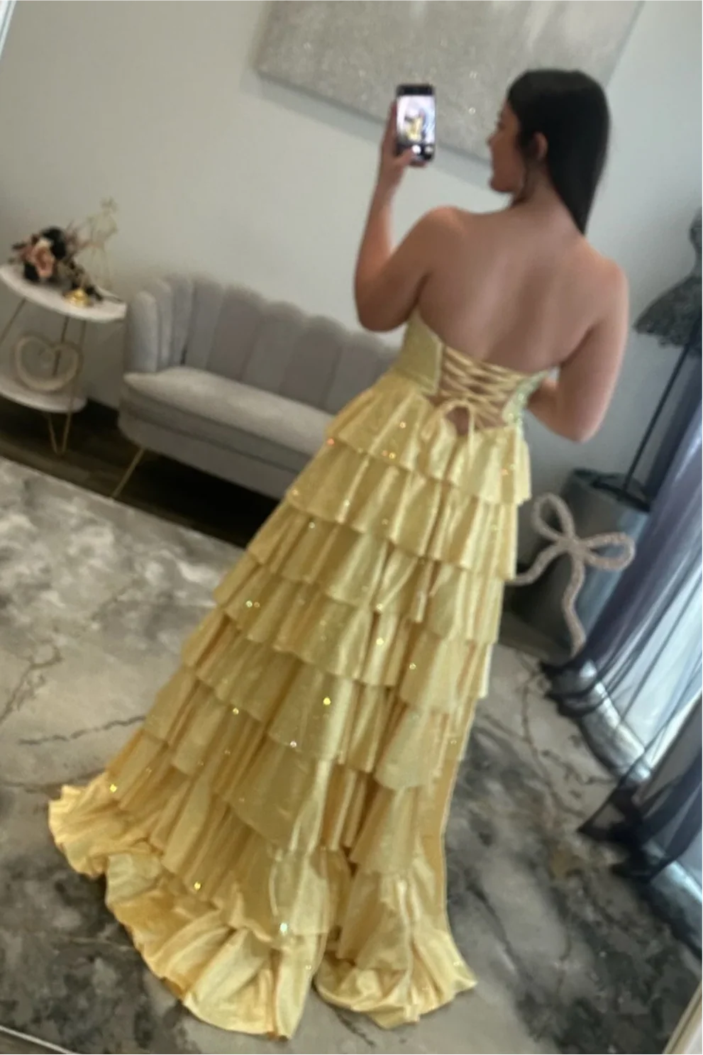 Sparkly Red Strapless Lace Up Tiered Ruffle Prom Dres With Cutout And Slit AD158