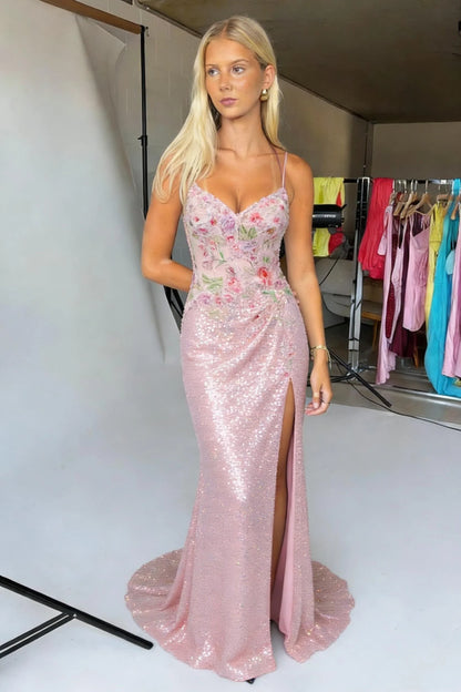Blush Pink Sequin Floral Embroidered Spaghetti Strap Prom Dress With Slit AD159