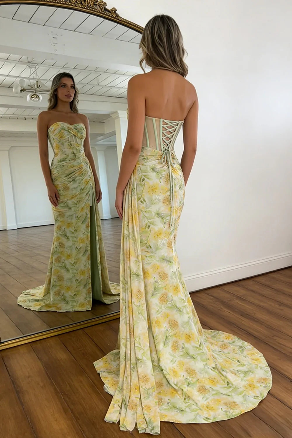 Floral Print Glitter Sweetheart Lace Up Prom Dress With Corset Bodice And High Slit AD160