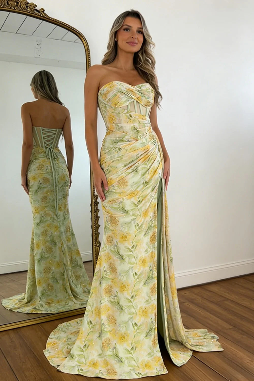 Floral Print Glitter Sweetheart Lace Up Prom Dress With Corset Bodice And High Slit AD160