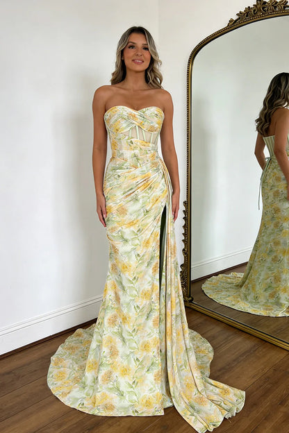 Floral Print Glitter Sweetheart Lace Up Prom Dress With Corset Bodice And High Slit AD160