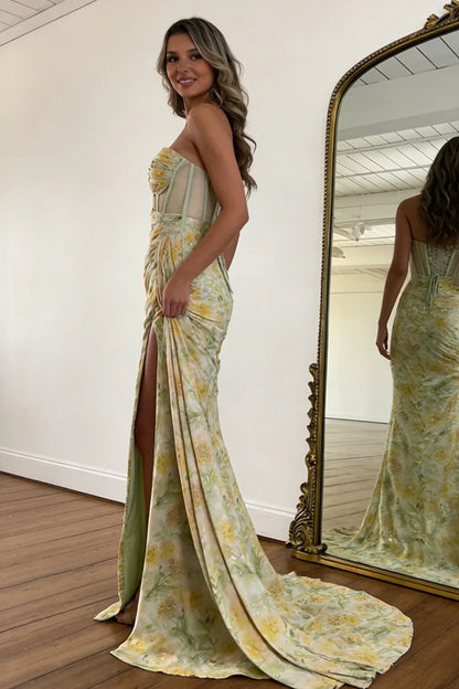 Floral Print Glitter Sweetheart Lace Up Prom Dress With Corset Bodice And High Slit AD160