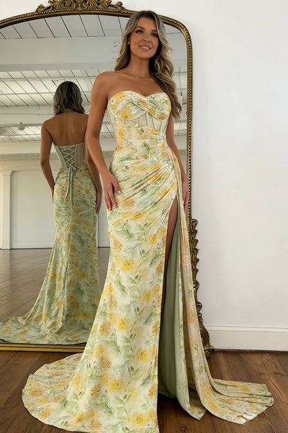 Floral Print Glitter Sweetheart Lace Up Prom Dress With Corset Bodice And High Slit AD160