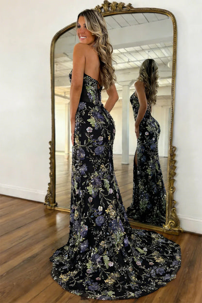 Luxury Black Floral Lace Up Sequin Prom Dress With Deep V Neck And Slit AD161