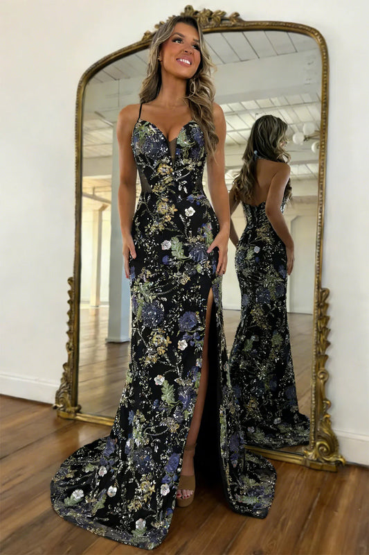 Luxury Black Floral Lace Up Sequin Prom Dress With Deep V Neck And Slit AD161