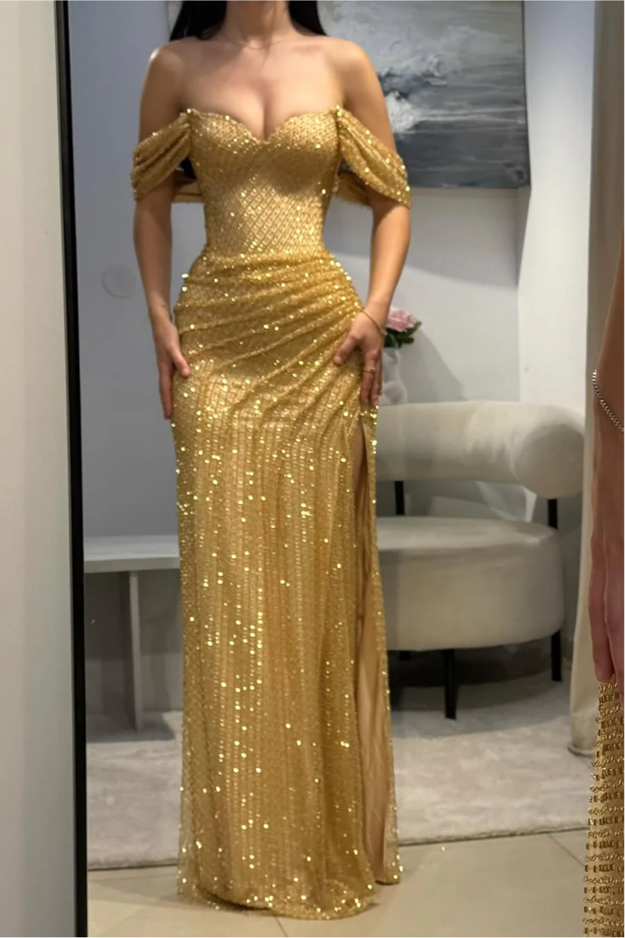 Luxury Gold Glitter Off-Shoulder Beaded Mermaid Prom Gown With Slit AD162