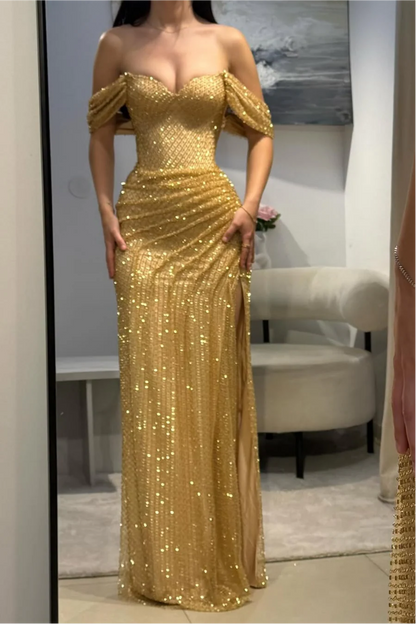 Luxury Gold Glitter Off-Shoulder Beaded Mermaid Prom Gown With Slit AD162