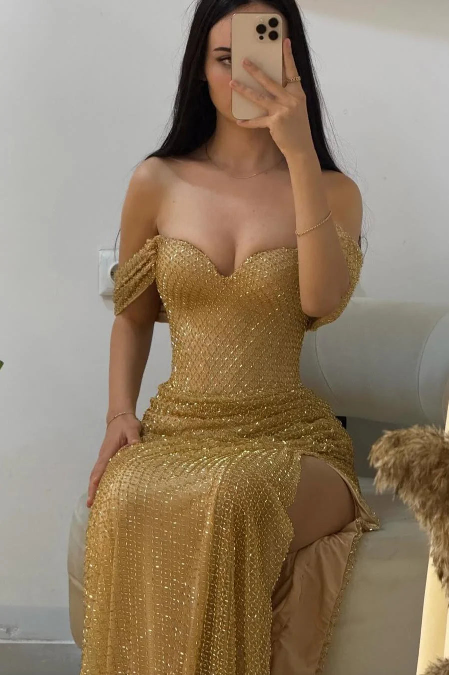 Luxury Gold Glitter Off-Shoulder Beaded Mermaid Prom Gown With Slit AD162