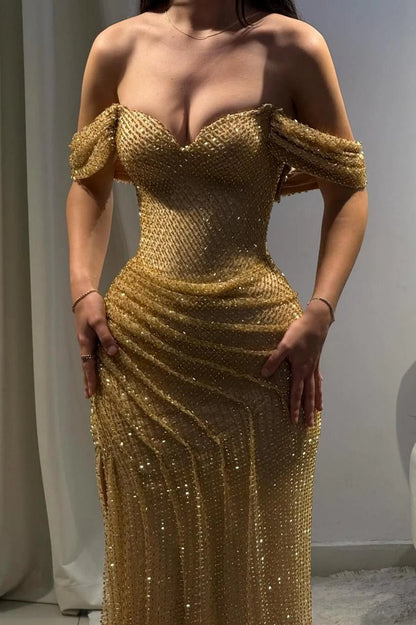 Luxury Gold Glitter Off-Shoulder Beaded Mermaid Prom Gown With Slit AD162