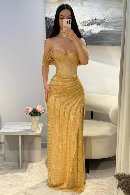 Luxury Gold Glitter Off-Shoulder Beaded Mermaid Prom Gown With Slit AD162