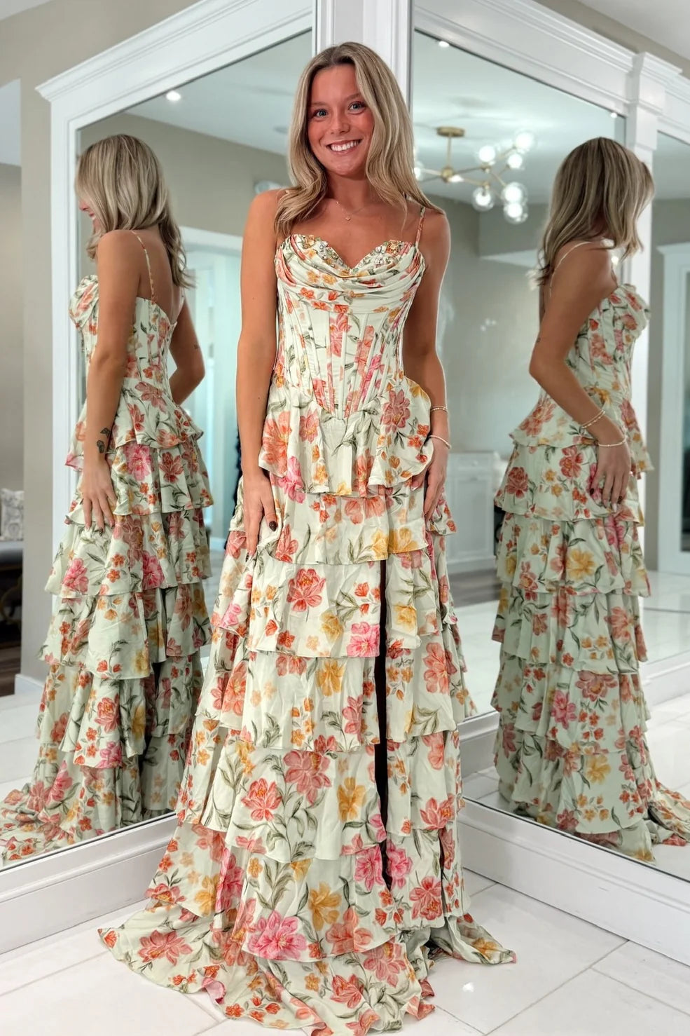 Princess A Line Spaghetti Straps Light Green Corset Prom Dress With Ruffles AD164