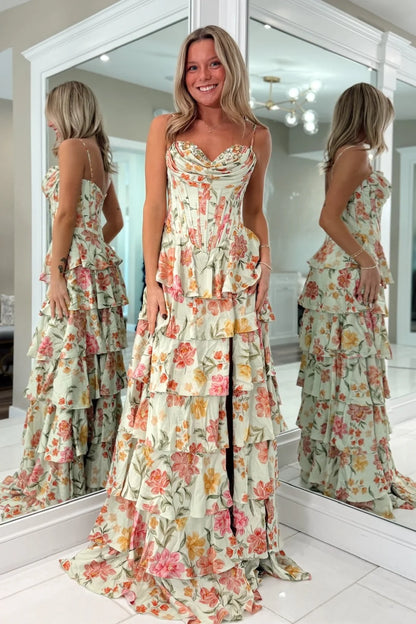 Princess A Line Spaghetti Straps Light Green Corset Prom Dress With Ruffles AD164