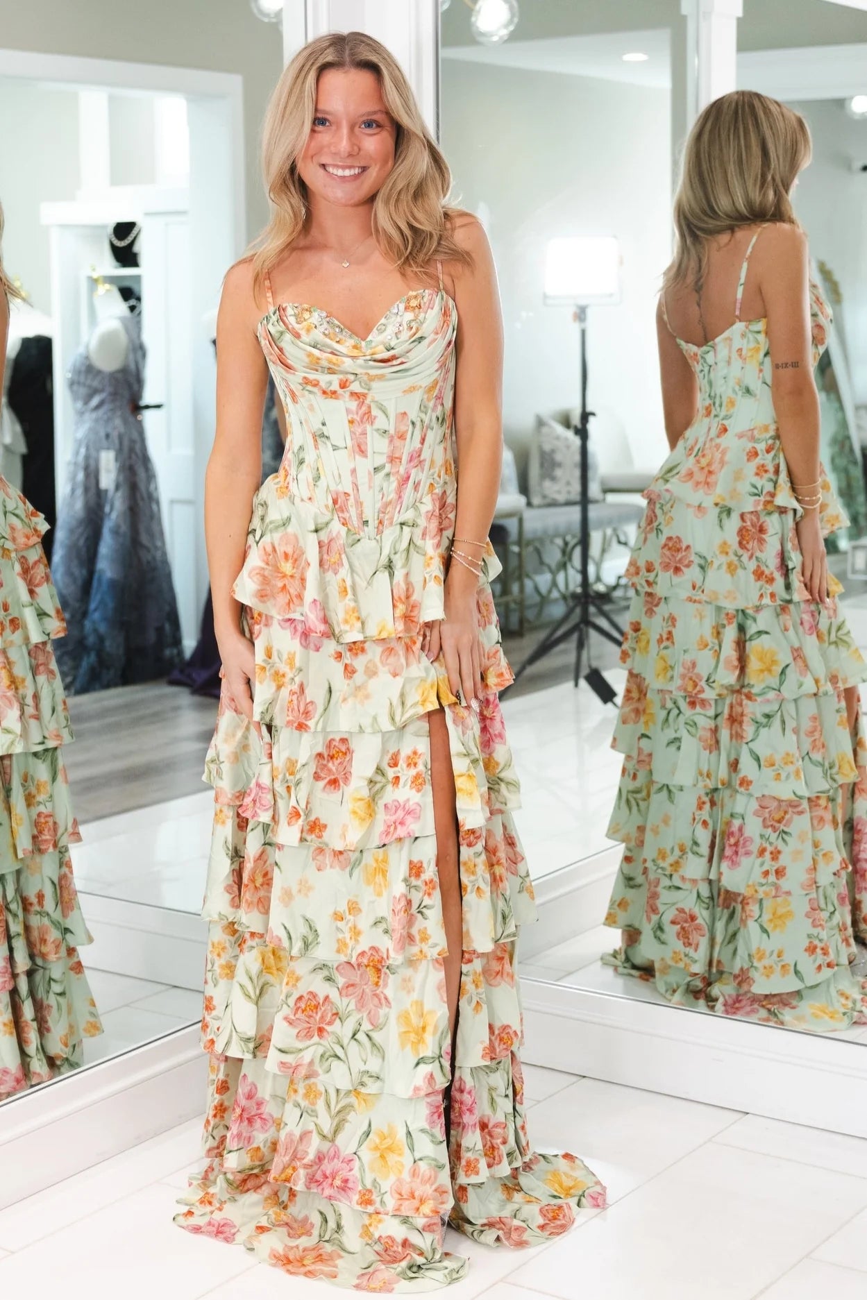 Princess A Line Spaghetti Straps Light Green Corset Prom Dress With Ruffles AD164