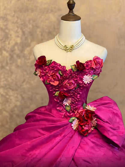 Vibrant Fuchsia Strapless 3D Floral Appliques Bow Ball Gown Quinceanera Dress Long Prom Dress AD1462