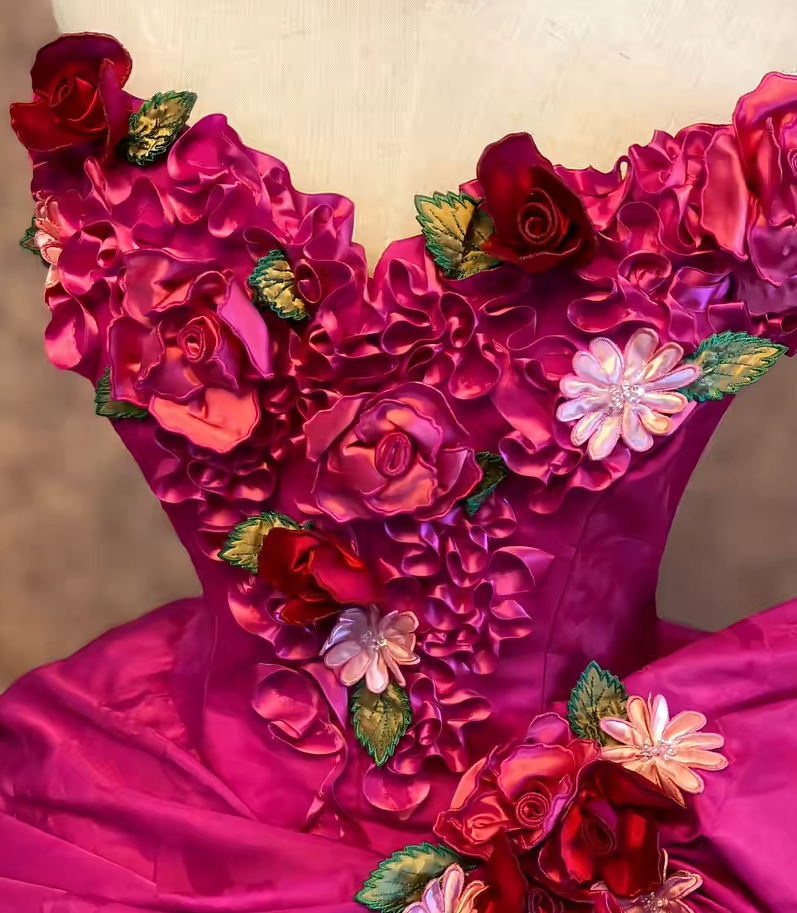Vibrant Fuchsia Strapless 3D Floral Appliques Bow Ball Gown Quinceanera Dress Long Prom Dress AD1462
