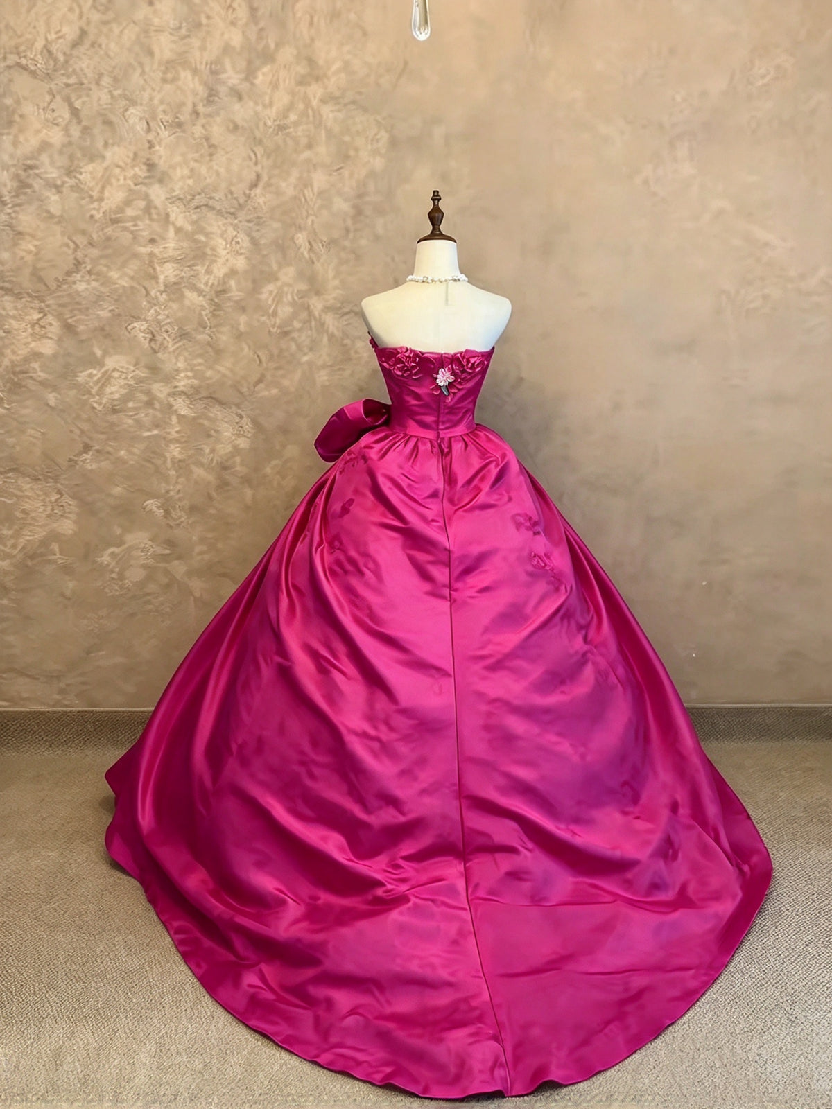 Vibrant Fuchsia Strapless 3D Floral Appliques Bow Ball Gown Quinceanera Dress Long Prom Dress AD1462