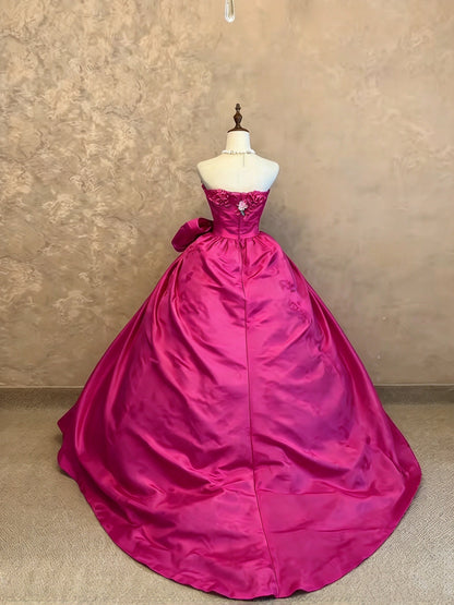 Vibrant Fuchsia Strapless 3D Floral Appliques Bow Ball Gown Quinceanera Dress Long Prom Dress AD1462