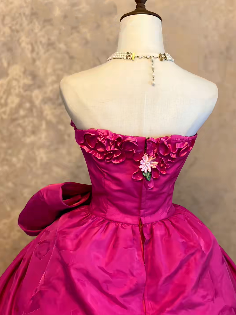 Vibrant Fuchsia Strapless 3D Floral Appliques Bow Ball Gown Quinceanera Dress Long Prom Dress AD1462
