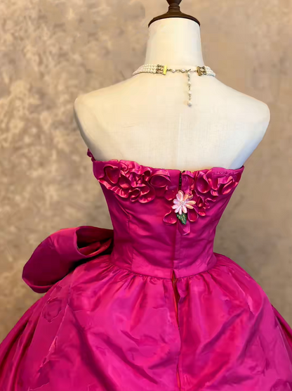 Vibrant Fuchsia Strapless 3D Floral Appliques Bow Ball Gown Quinceanera Dress Long Prom Dress AD1462
