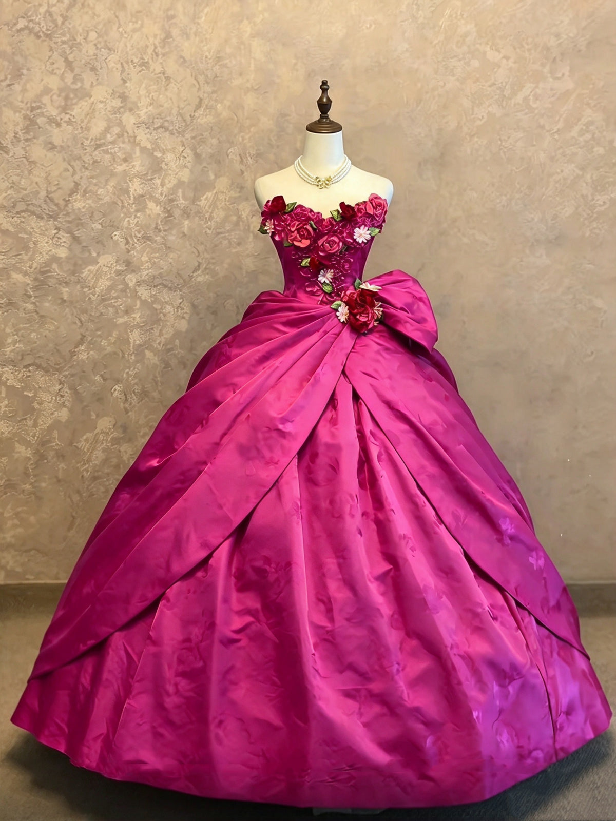 Vibrant Fuchsia Strapless 3D Floral Appliques Bow Ball Gown Quinceanera Dress Long Prom Dress AD1462