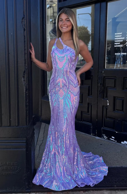 Stunning Mermaid One Shoulder Purple Sequins Long Party Dress With Keyhole AD165