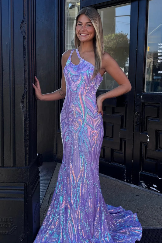 Stunning Mermaid One Shoulder Purple Sequins Long Party Dress With Keyhole AD165
