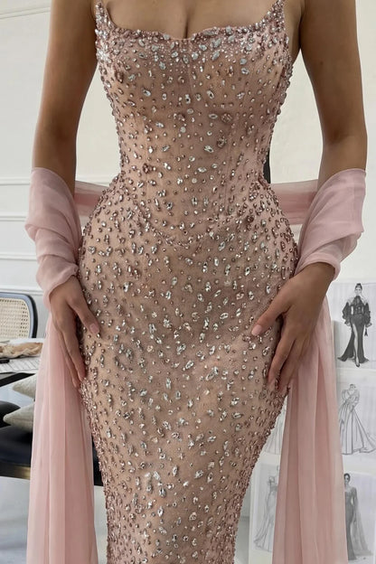 Gorgeous Mermaid Strapless Light Pink Long Prom Dress With Beading AD166