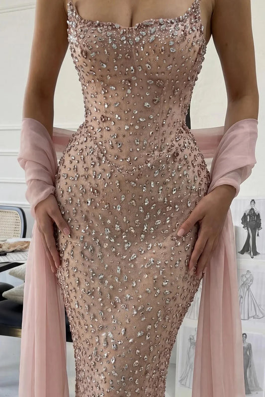Gorgeous Mermaid Strapless Light Pink Long Prom Dress With Beading AD166