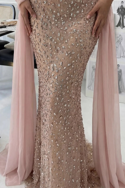Gorgeous Mermaid Strapless Light Pink Long Prom Dress With Beading AD166