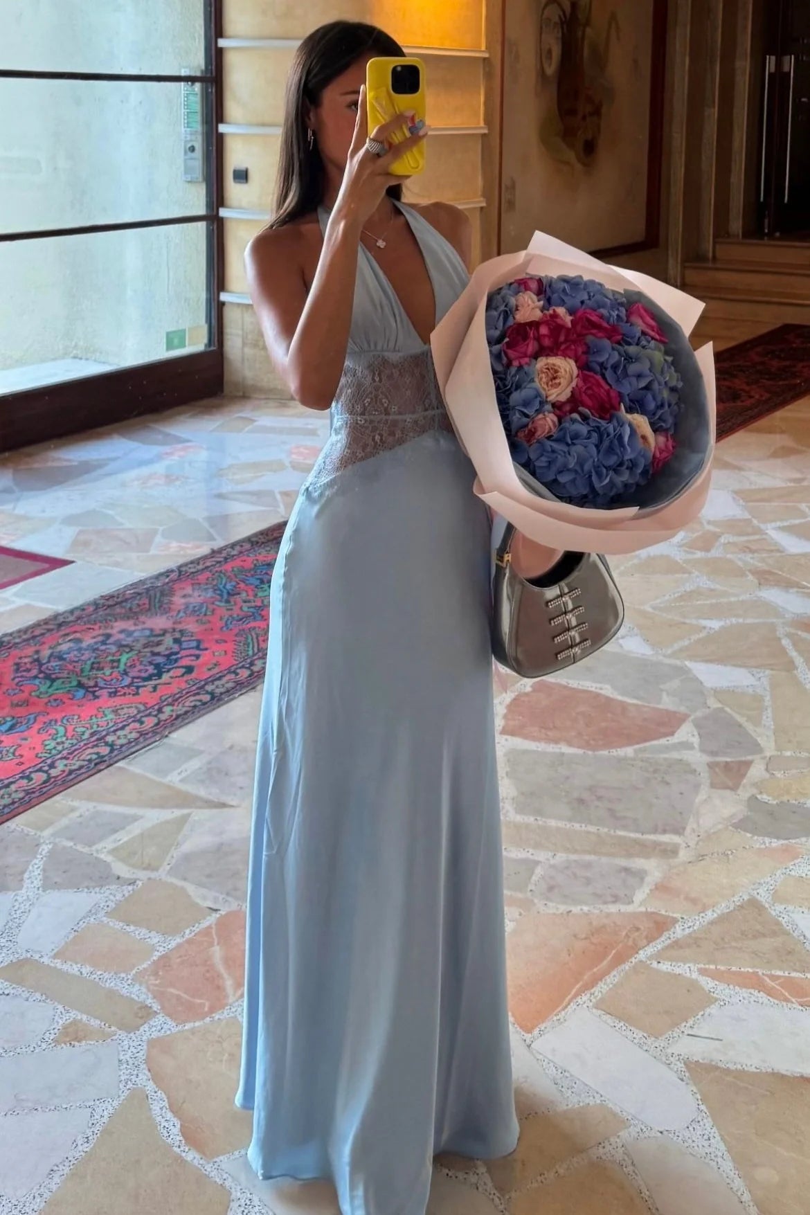 Charming Mermaid Deep V Neck Light Blue Long Prom Dress With Lace AD167
