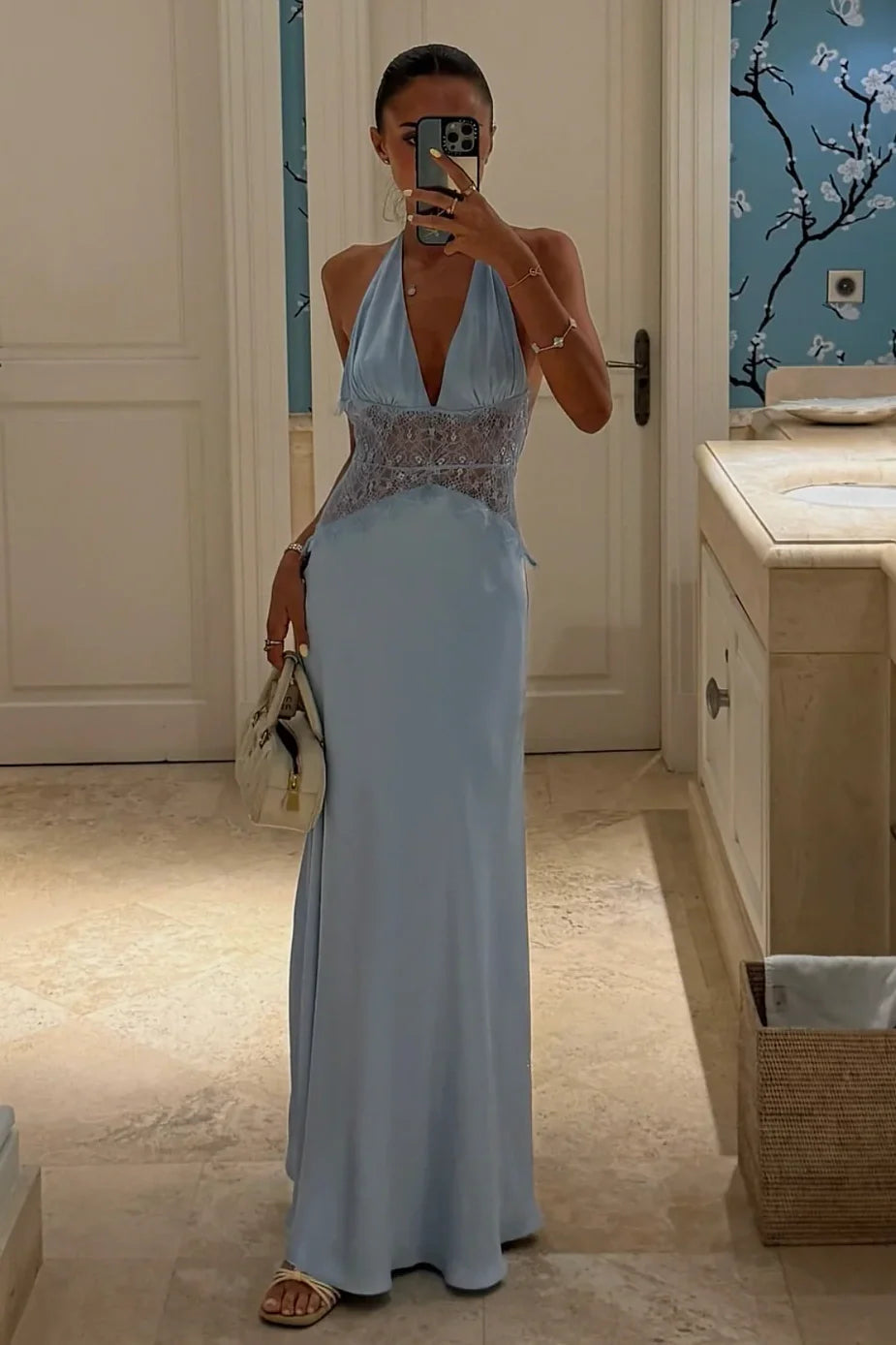Charming Mermaid Deep V Neck Light Blue Long Prom Dress With Lace AD167