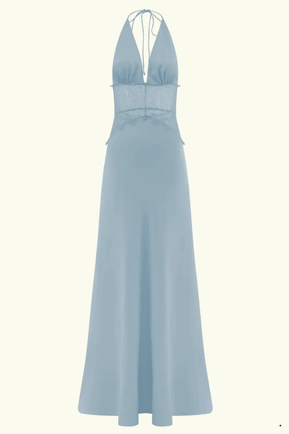 Charming Mermaid Deep V Neck Light Blue Long Prom Dress With Lace AD167