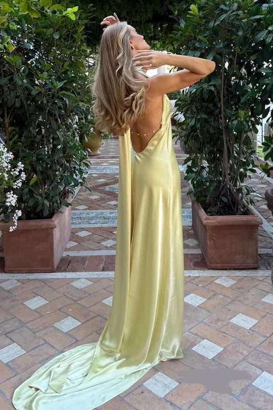 Chic Mermaid Halter Neck Yellow Long Party Dress With Sweep Train AD168