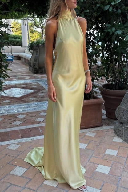 Chic Mermaid Halter Neck Yellow Long Party Dress With Sweep Train AD168