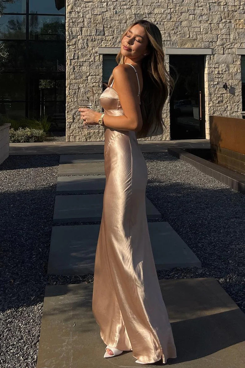 Fashionable Mermaid Spaghetti Straps Champagne Party Dress With Open Back AD169