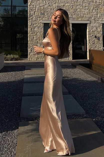 Fashionable Mermaid Spaghetti Straps Champagne Party Dress With Open Back AD169